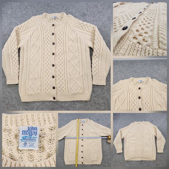 John Molloy Sweater Mens Large? XL? Wool Aran Cable Knit Fisherman Cardigan - Picture 1 of 12